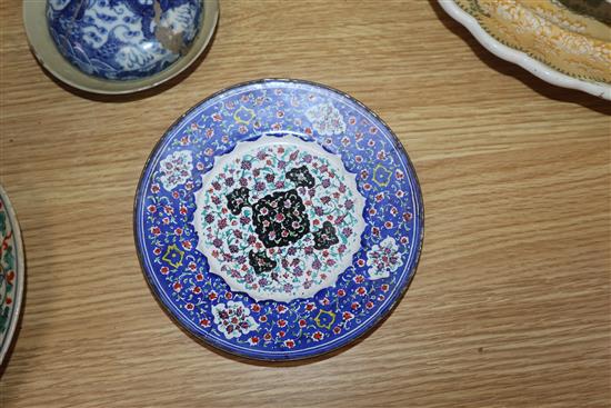 Two Persian Chinese enamel bowls and saucer, a blue and white vase, another plate and a dish